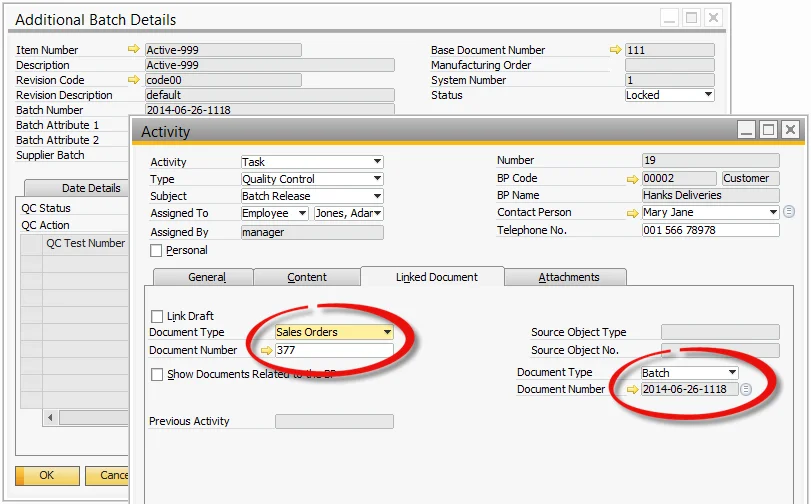 Linked Document tab of the Activity, referencing Sales Order 377 and the batch number