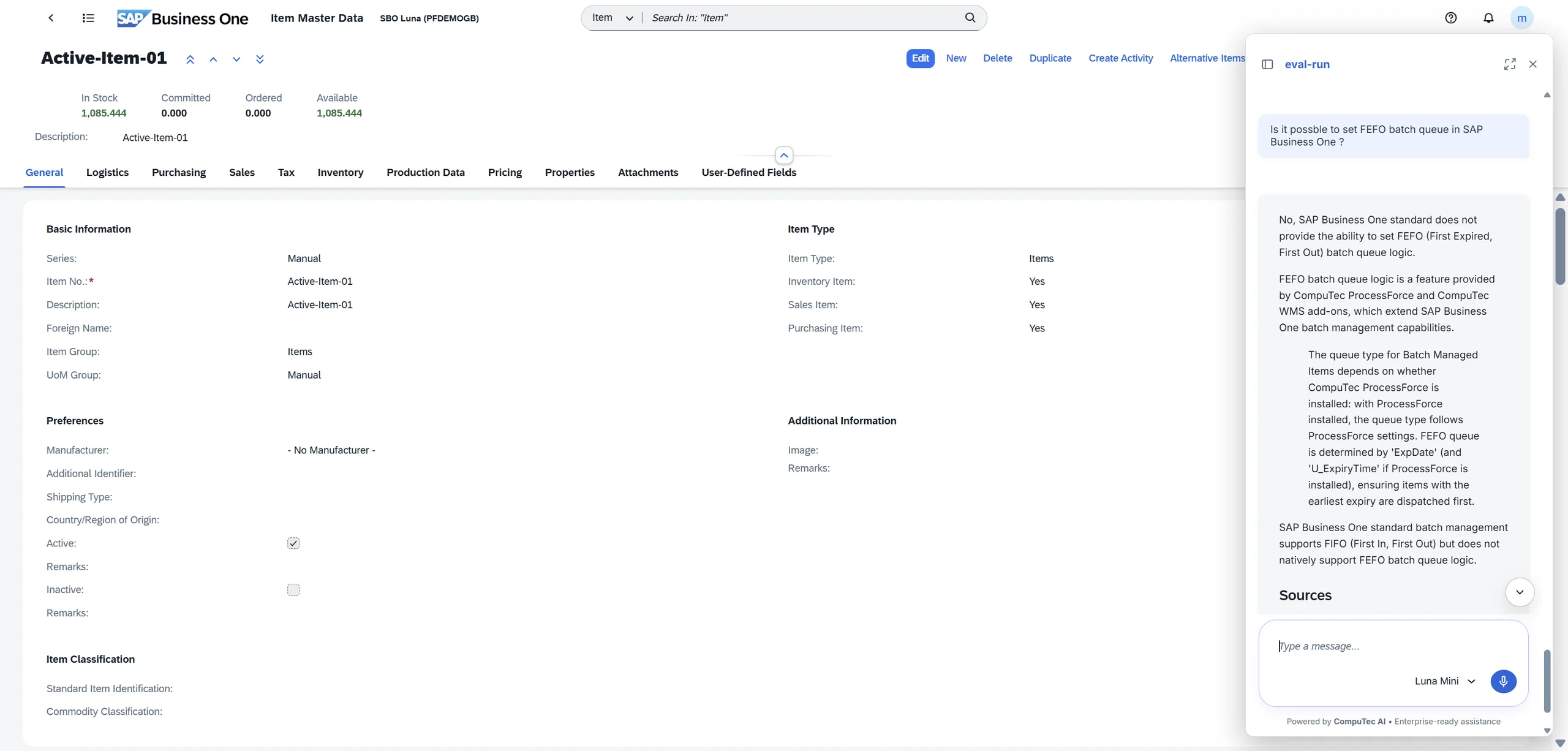 The SAP Business One Web Client Item Master Data screen with the CompuTec AI chat panel open on the right, answering a question about FEFO batch queue logic.