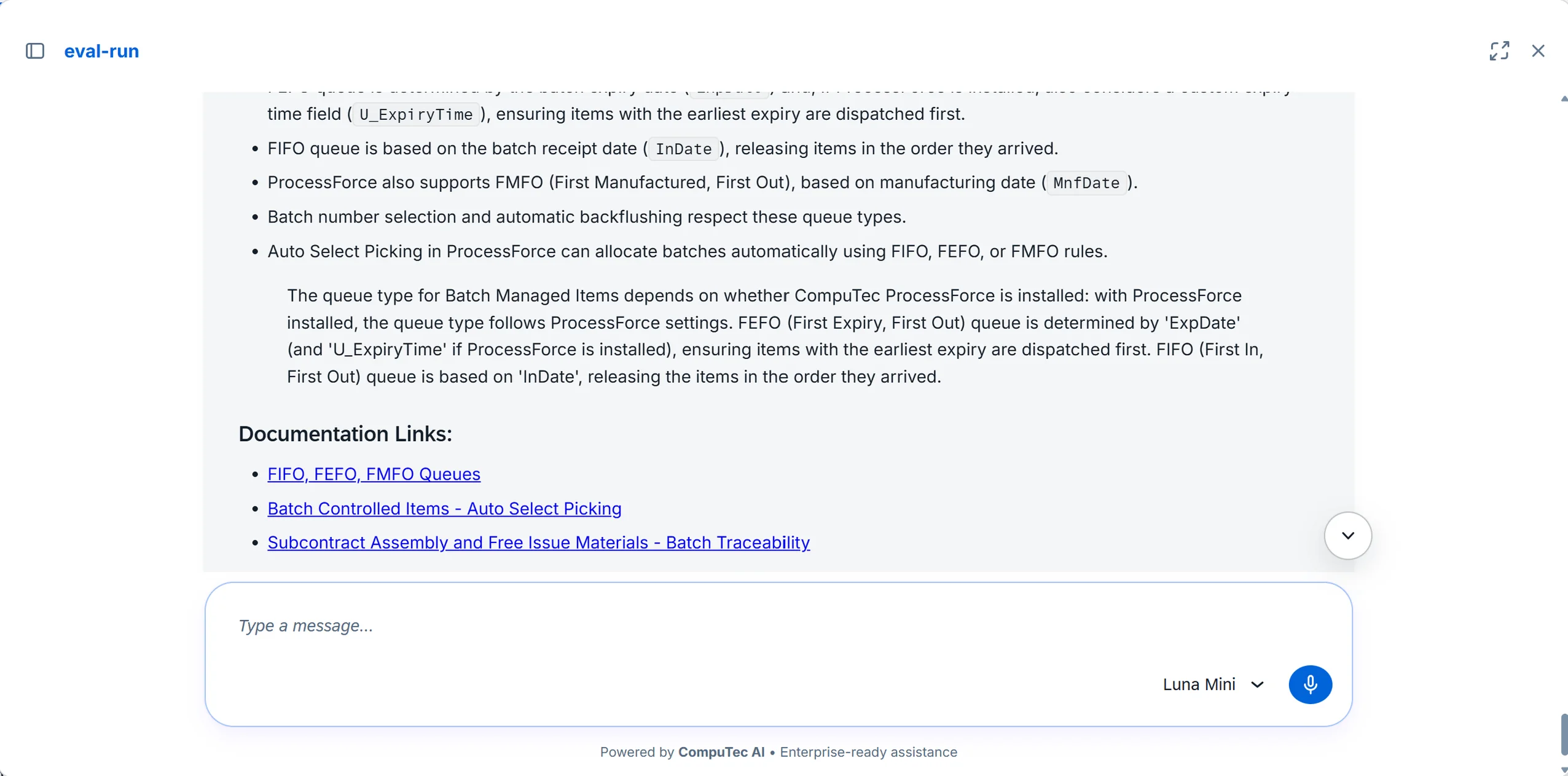 The CompuTec AI chat panel listing documentation links beneath an answer about batch queue types.