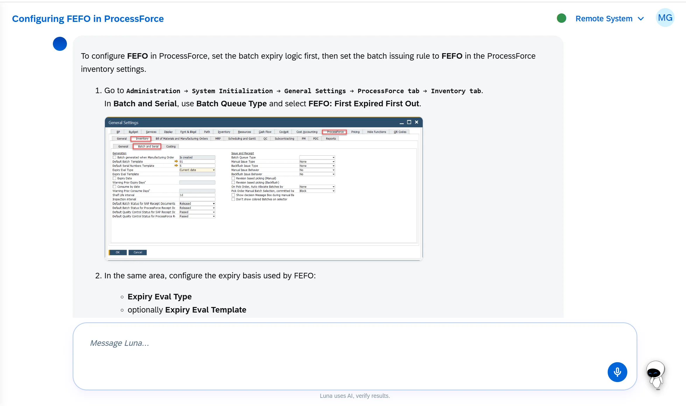 The CompuTec AI chat showing numbered steps for configuring FEFO in CompuTec ProcessForce, with the SAP Business One General Settings window displayed inline beneath the first step.