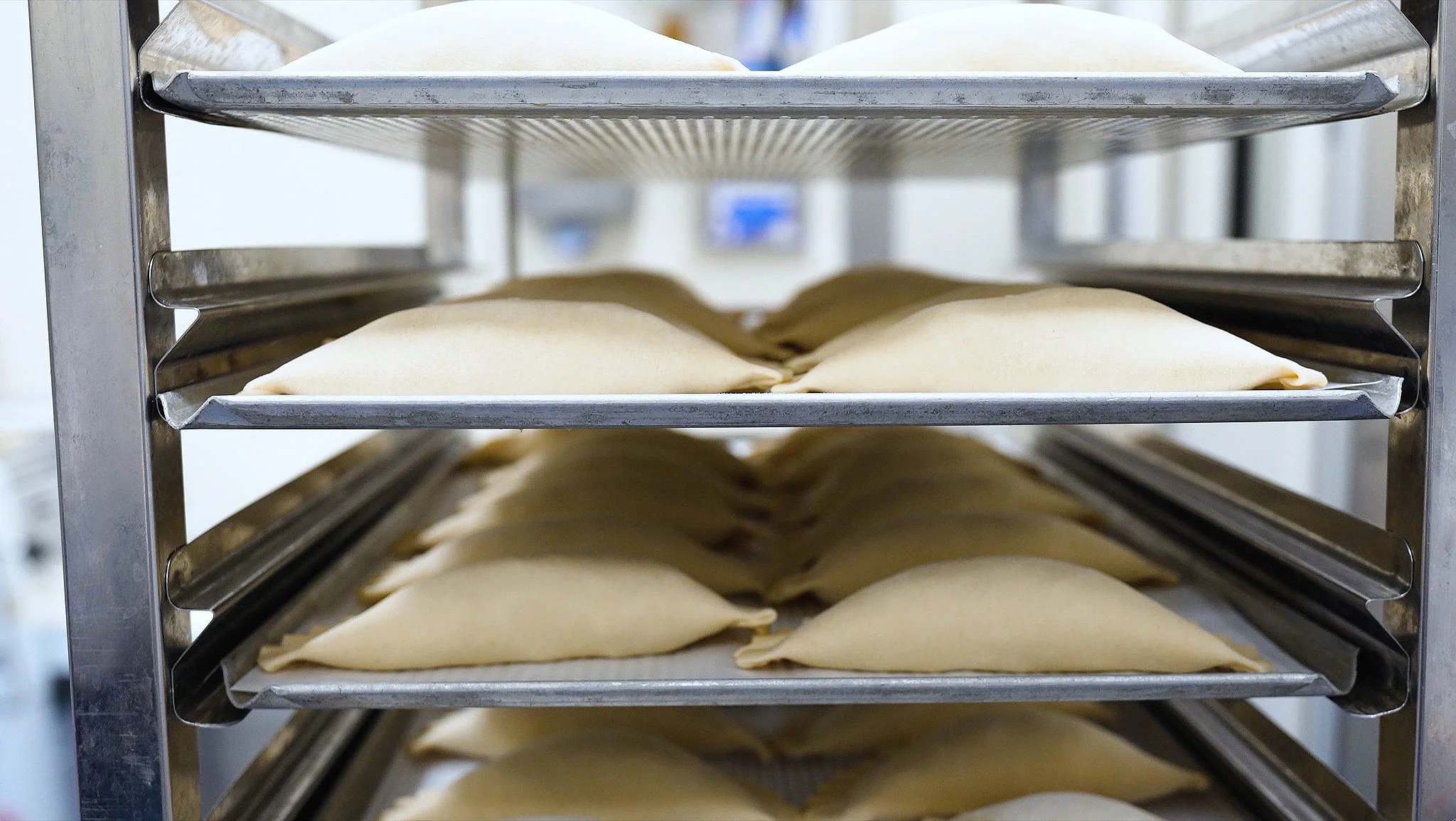 Trays of bapao dough resting before steaming at Amazing Oriental's production kitchen