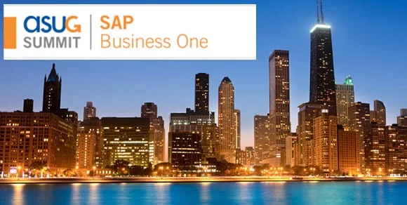 ASUG Summit SAP Business One logo over a city skyline at dusk