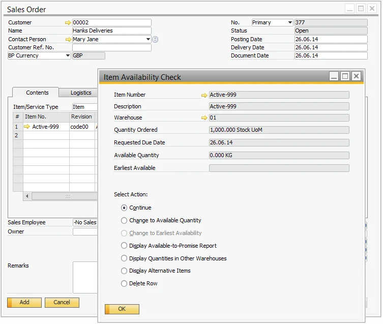 SAP Business One Sales Order with the Item Availability Check showing no available quantity in warehouse 01