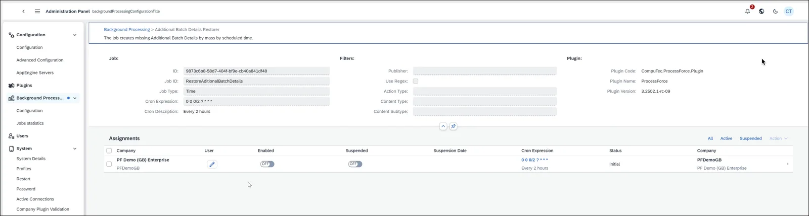 Job detail for Additional Batch Details Restorer with its Cron expression and company assignment