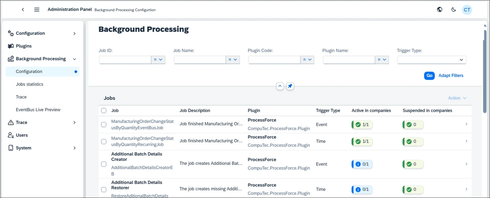 Background Processing list in the CompuTec AppEngine Administration Panel with jobs, trigger types, and company status