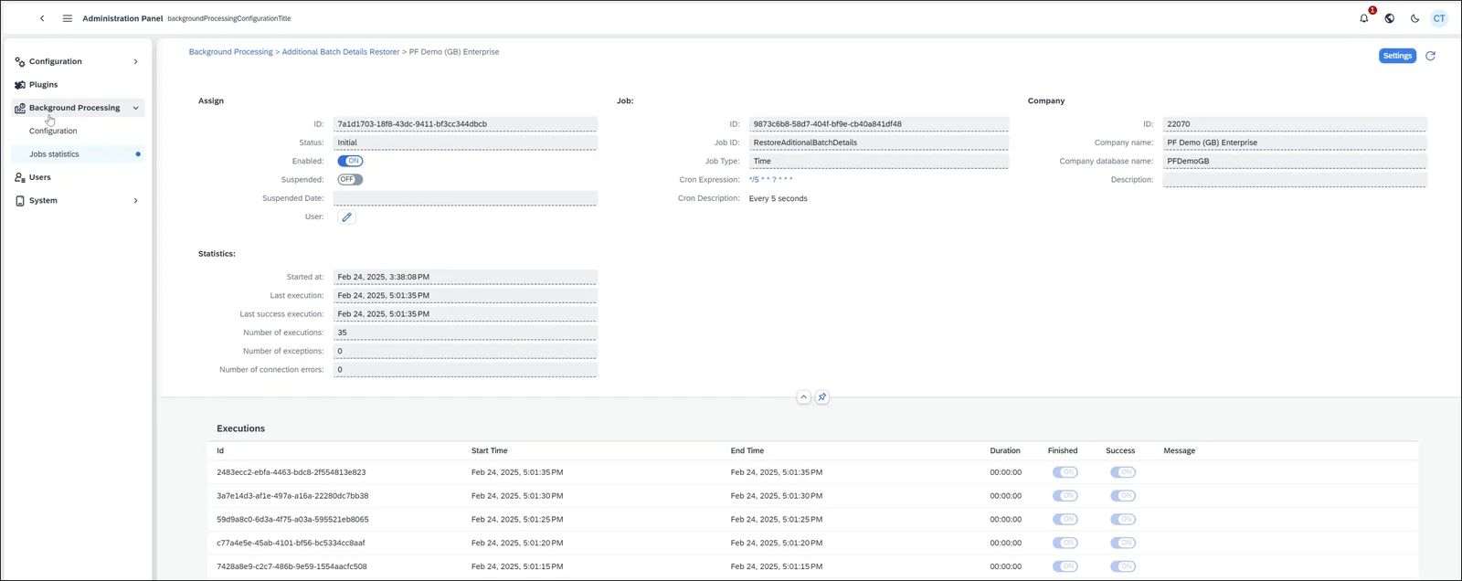 Job statistics for one company with execution counts and a list of recent executions with start and end times