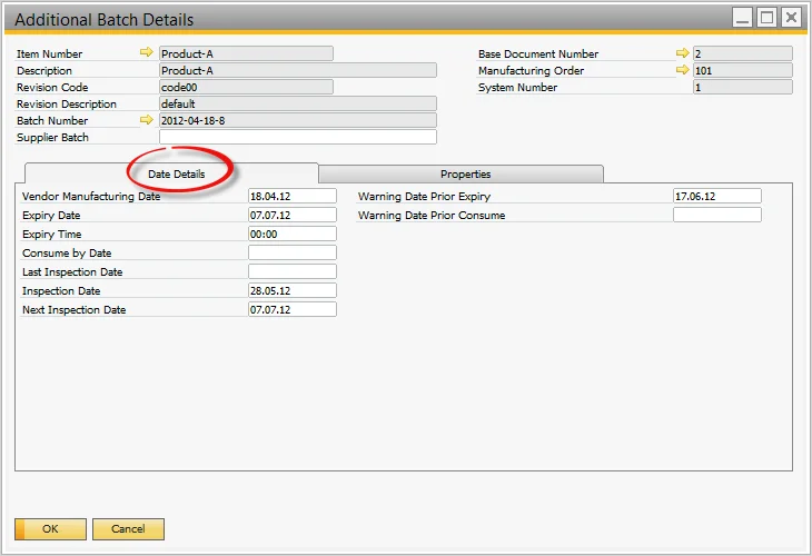 CompuTec ProcessForce Additional Batch Details, Date Details tab with expiry, inspection, and warning dates