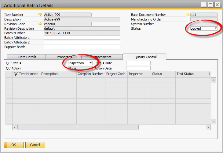 Additional Batch Details with the batch status Locked and the Quality Control status Inspection