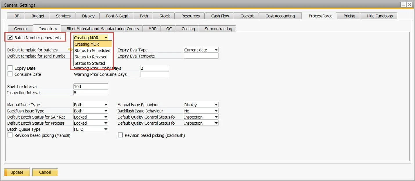 General Settings with the Batch Number generated at options: creating the order, or status Scheduled, Released, or Started