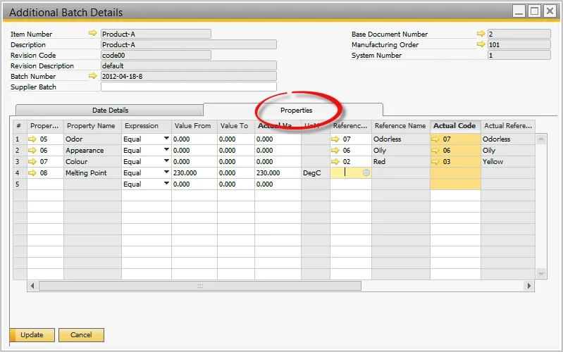 CompuTec ProcessForce Additional Batch Details, Properties tab with planned and actual values for odor, appearance, color, and melting point