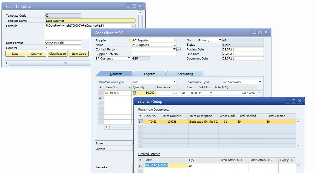 CompuTec ProcessForce Batch Template with a date and counter formula, generating batch numbers on a Goods Receipt PO