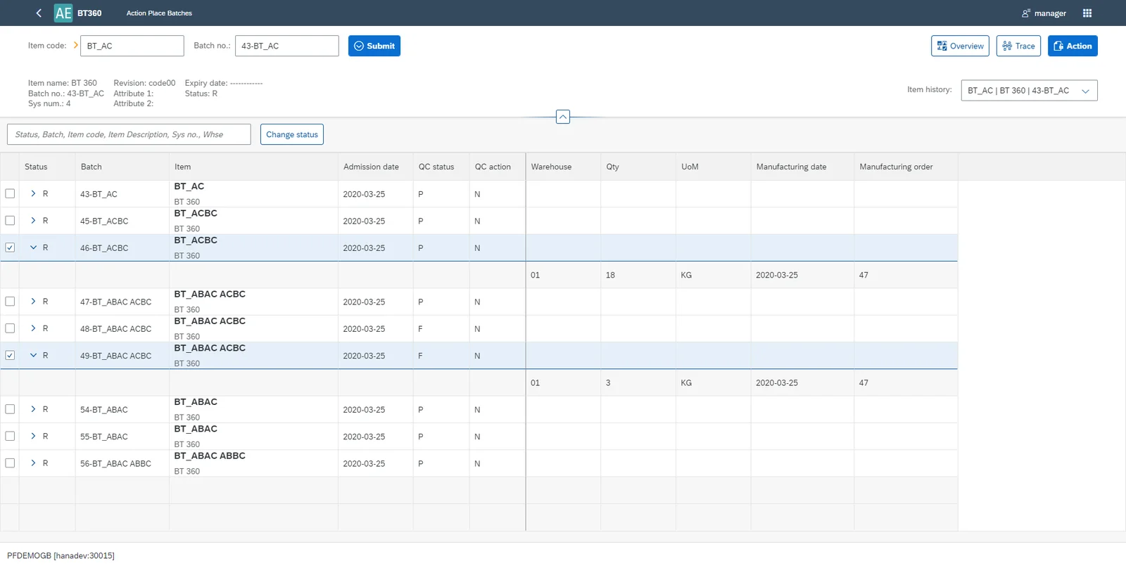 Batch Traceability 360 action view listing related batches with their status, admission date, and Change status button