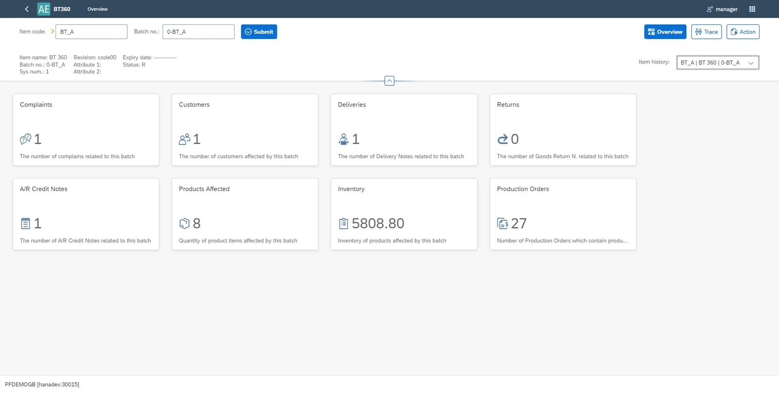 Batch Traceability 360 overview of a batch with tiles for Complaints, Customers, Deliveries, Returns, A/R Credit Notes, and Production Orders