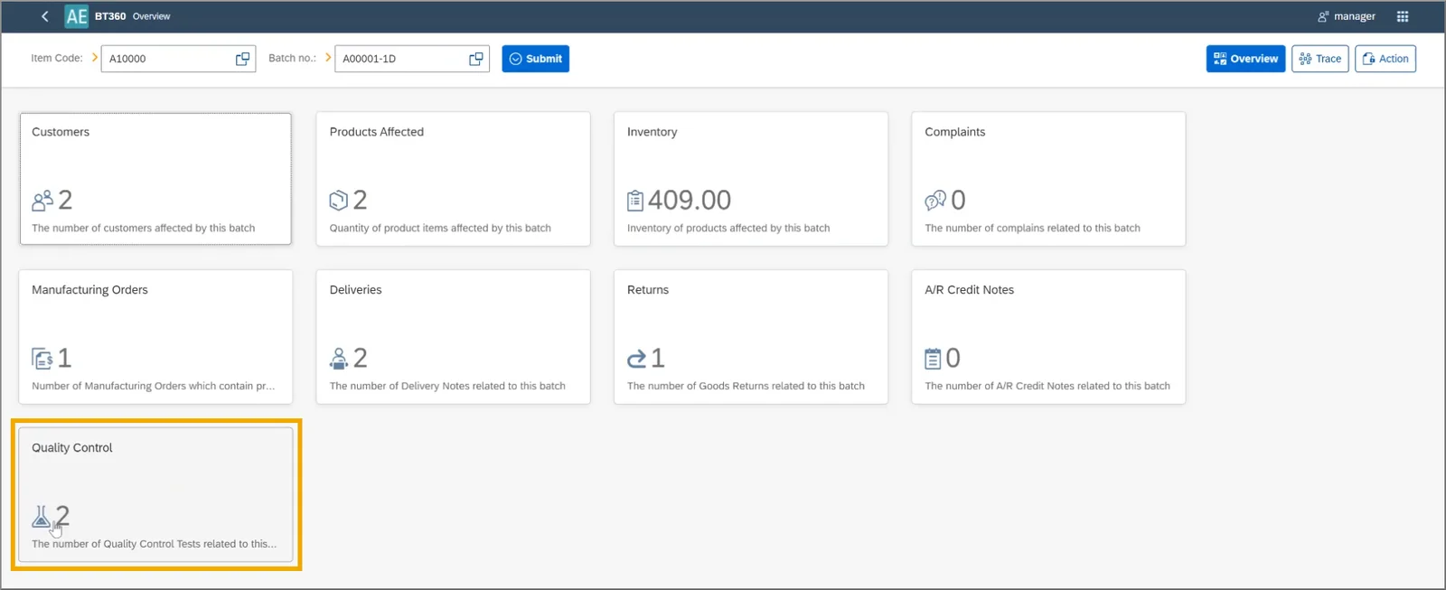 Batch Traceability 360 Overview for a batch, with the new Quality Control tile highlighted