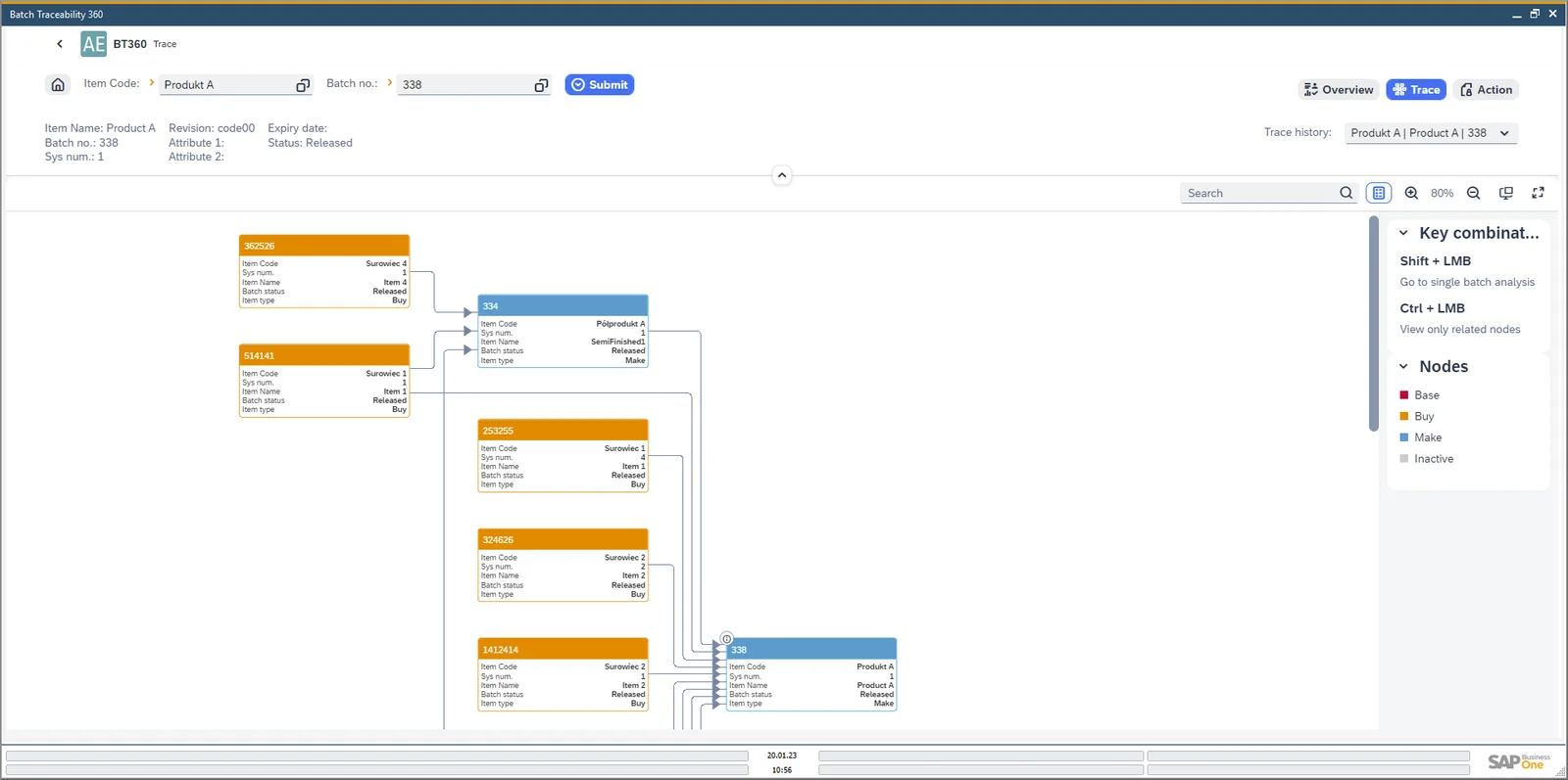 Batch Traceability 360 trace diagram linking purchased raw material batches to semi-finished and finished product batches
