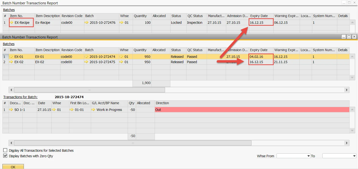 Batch Number Transactions Reports comparing the finished product batch expiry date with the expiry dates of the consumed batches