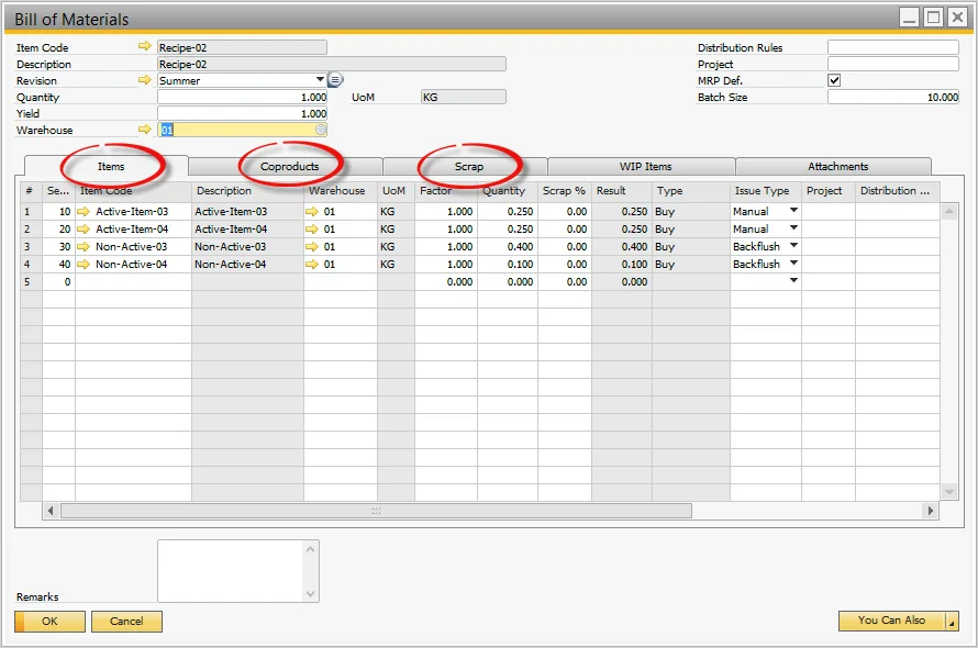 CompuTec ProcessForce Bill of Materials with the Items, Coproducts, and Scrap tabs highlighted