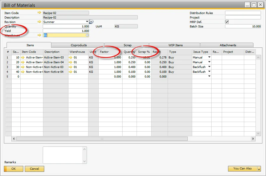 CompuTec ProcessForce Bill of Materials with the Yield, Factor, and Scrap % fields highlighted