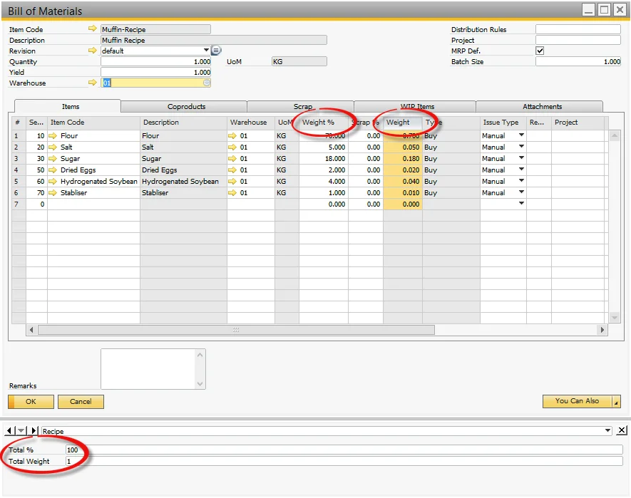 CompuTec ProcessForce Bill of Materials for a muffin recipe with Weight % and Weight columns and the recipe totals