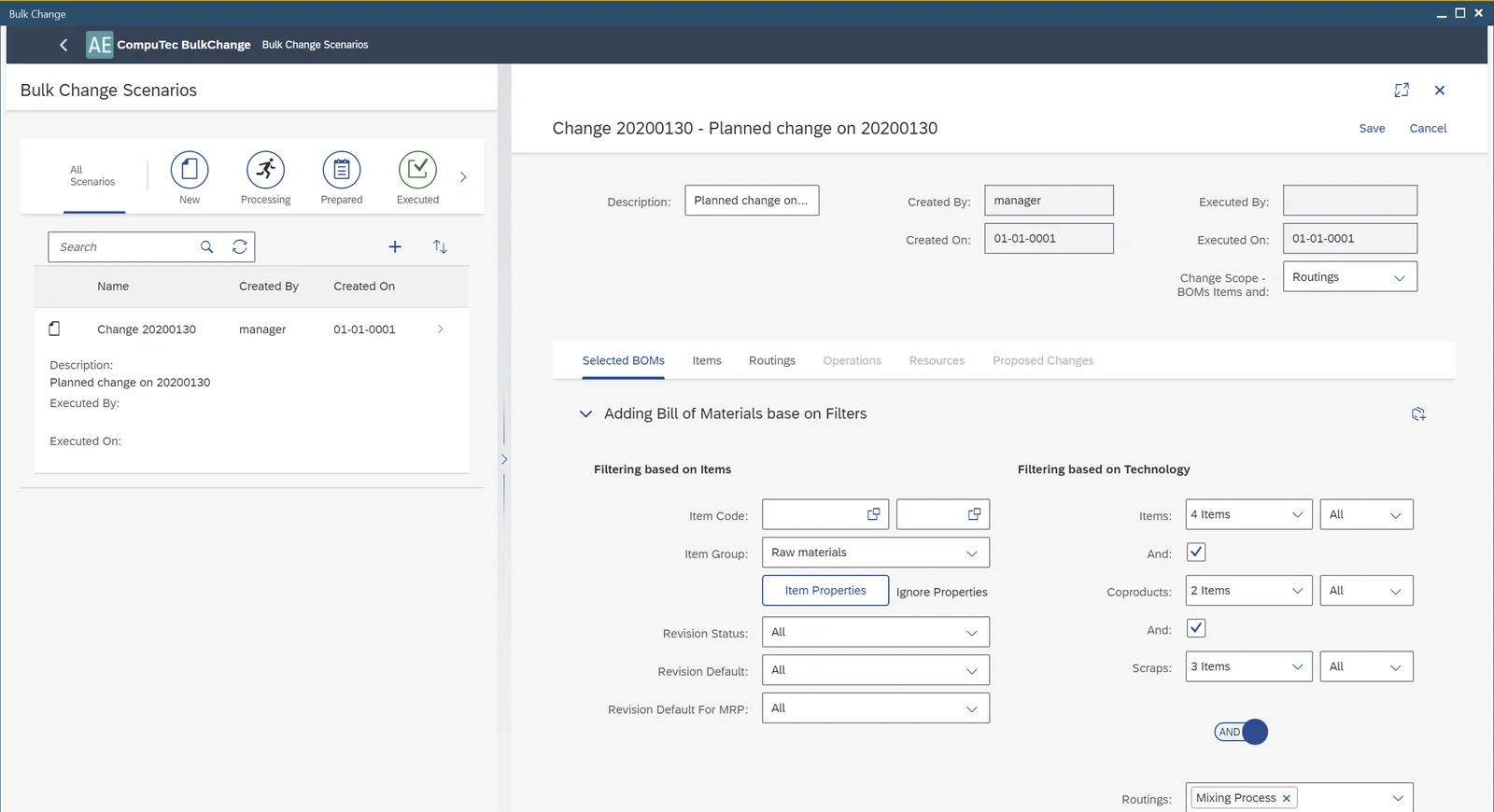 CompuTec BulkChange scenario selecting Bills of Materials by item group, coproducts, scraps, and routings