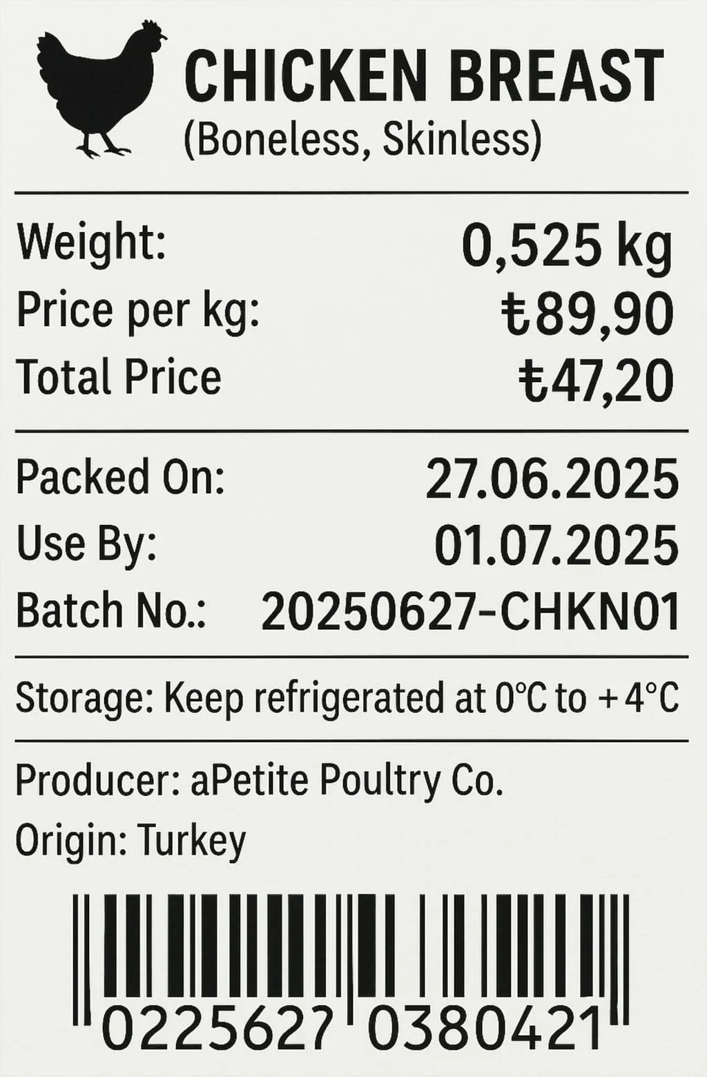 Catch weight label for chicken breast with the exact weight, price per kg, total price, dates, batch number, and barcode