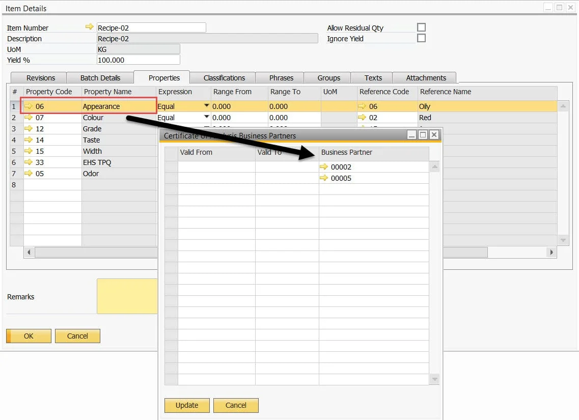 Item Details properties linked to specific business partners in the Certificate of Analysis Business Partners window
