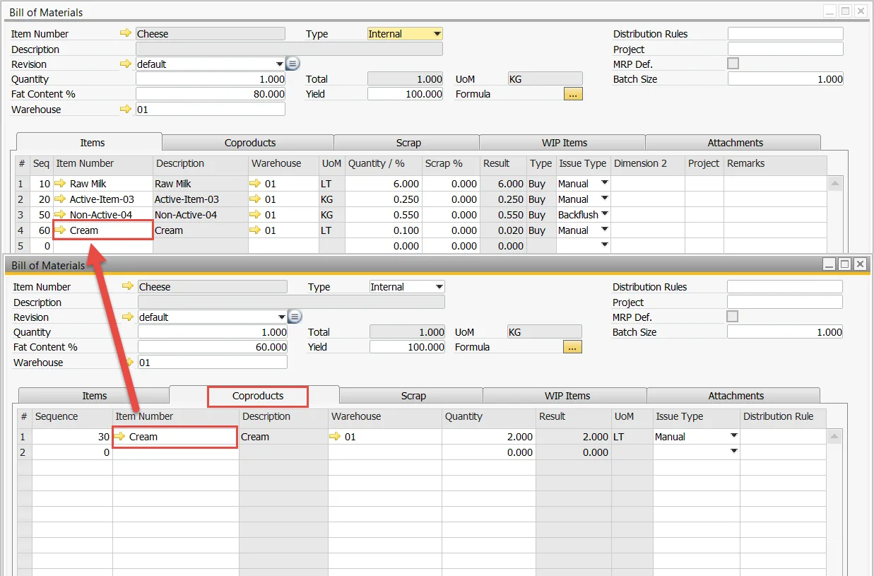 Cheese Bill of Materials with cream as a consumed ingredient on the Items tab and as a coproduct on the Coproducts tab