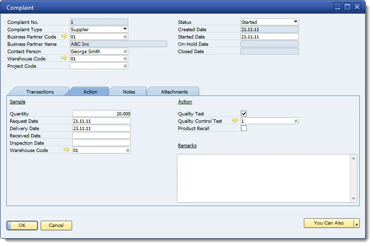 CompuTec ProcessForce Complaint, Action tab with sample details and a linked Quality Control Test