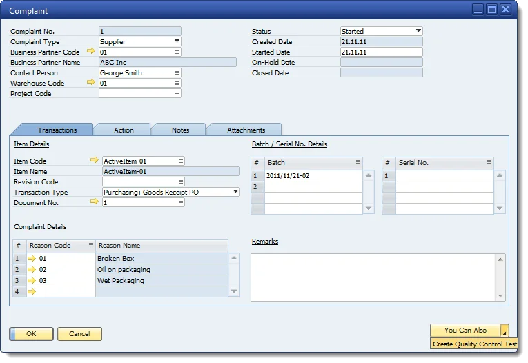 CompuTec ProcessForce Complaint, Transactions tab with the supplier, item, batch, and complaint reason codes