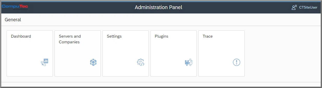 CompuTec AppEngine Administration Panel with Dashboard, Servers and Companies, Settings, app management, and Trace tiles