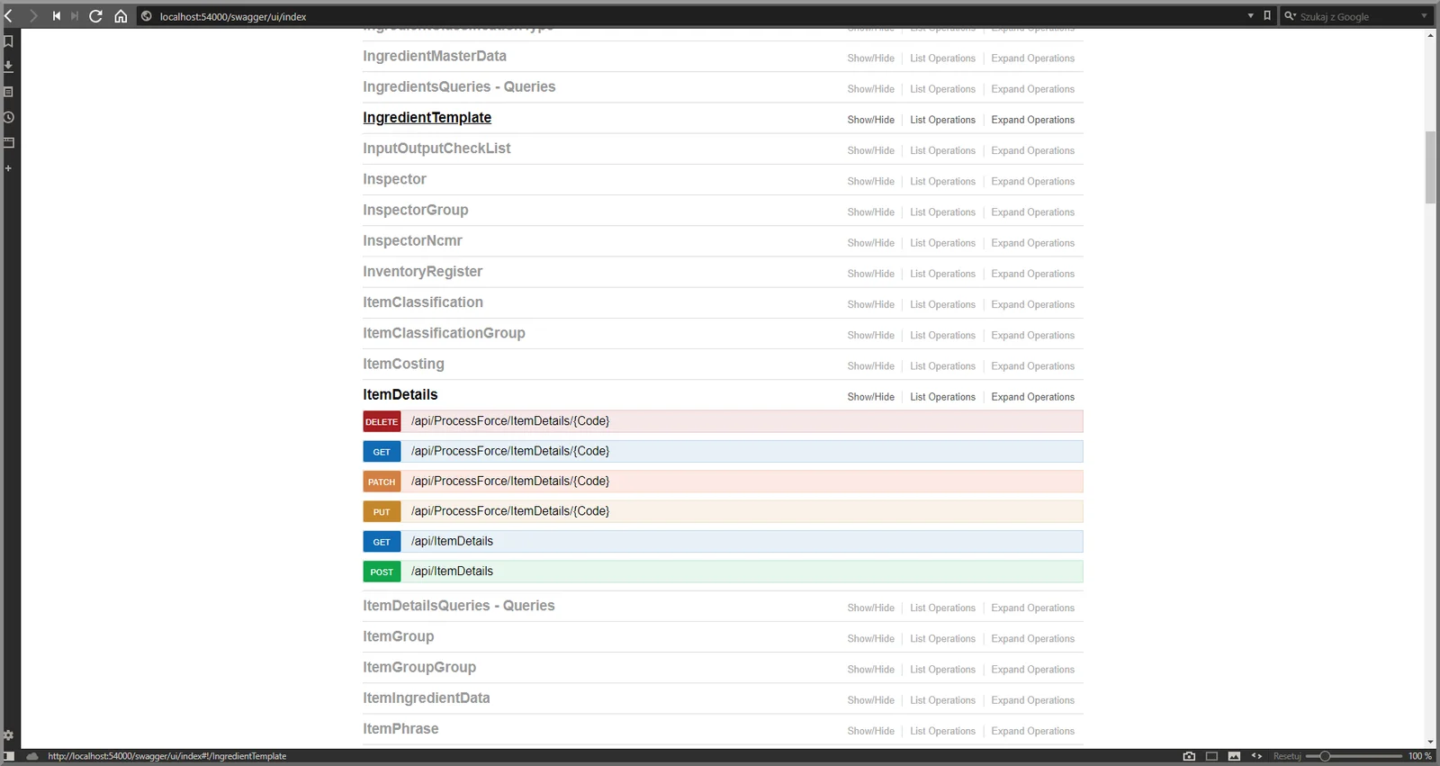 Interactive API reference listing business objects such as Item Details with their GET, POST, PUT, PATCH, and DELETE endpoints