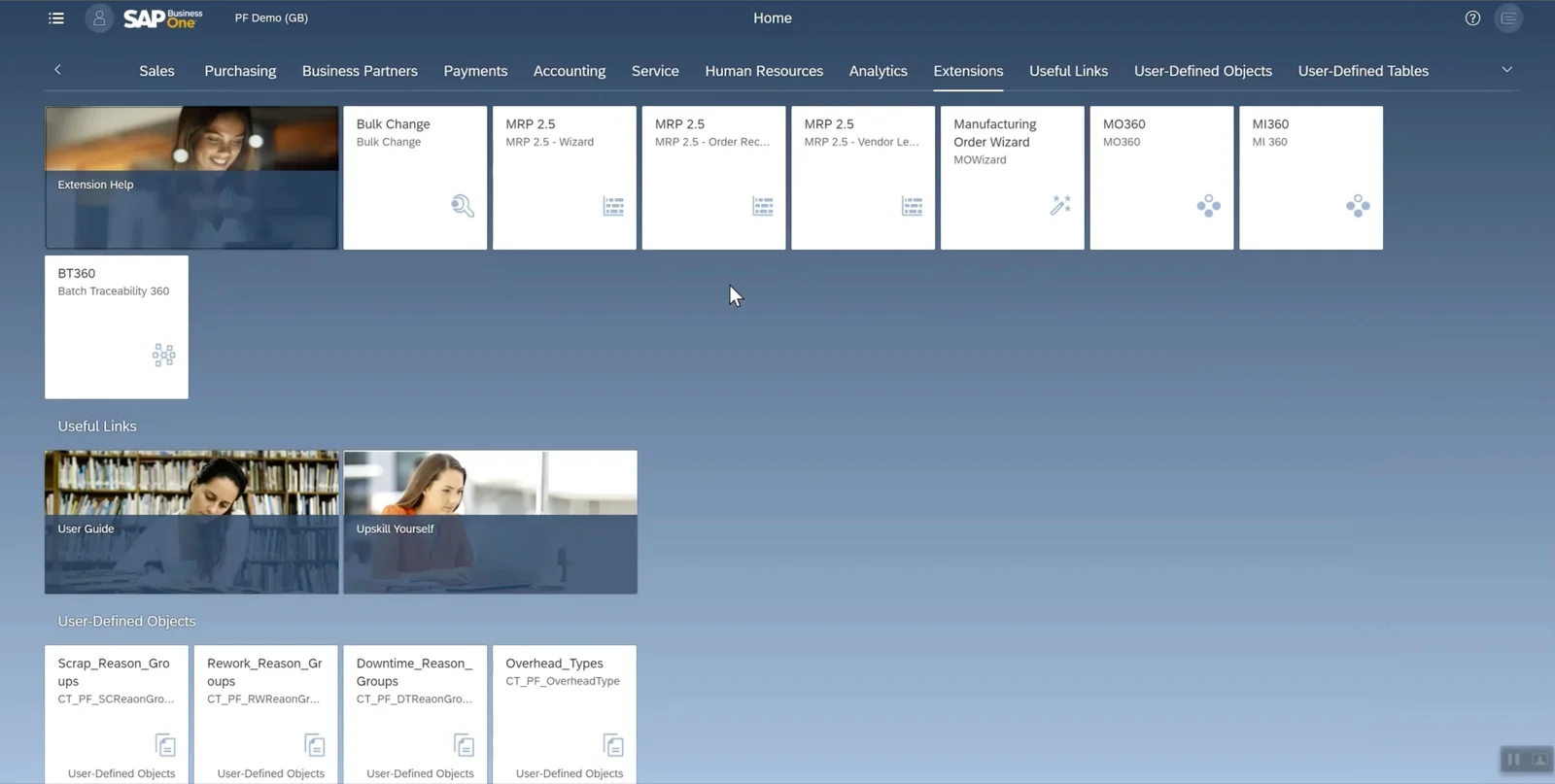 SAP Business One Web Client Extensions tab with tiles for CompuTec AppEngine apps such as Batch Traceability 360