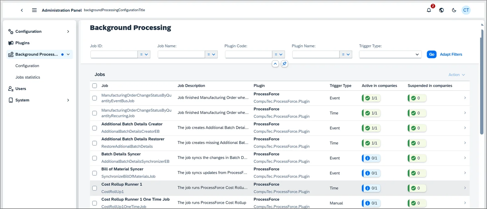Background Processing job list with each job’s app, trigger type, and active and suspended companies