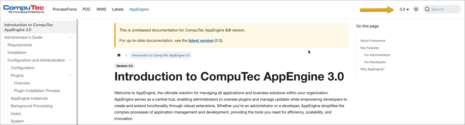 CompuTec AppEngine documentation with an arrow pointing to the version dropdown set to 3.0