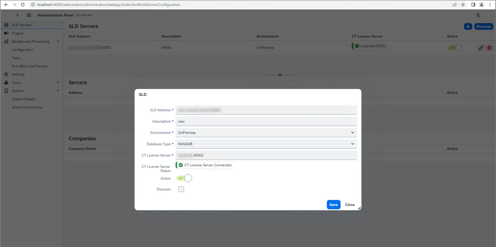 CompuTec AppEngine Administration Panel SLD dialog confirming the CompuTec License Server connection