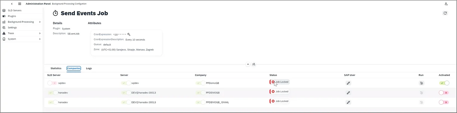 CompuTec AppEngine background job Companies tab showing the Job Locked status per company database