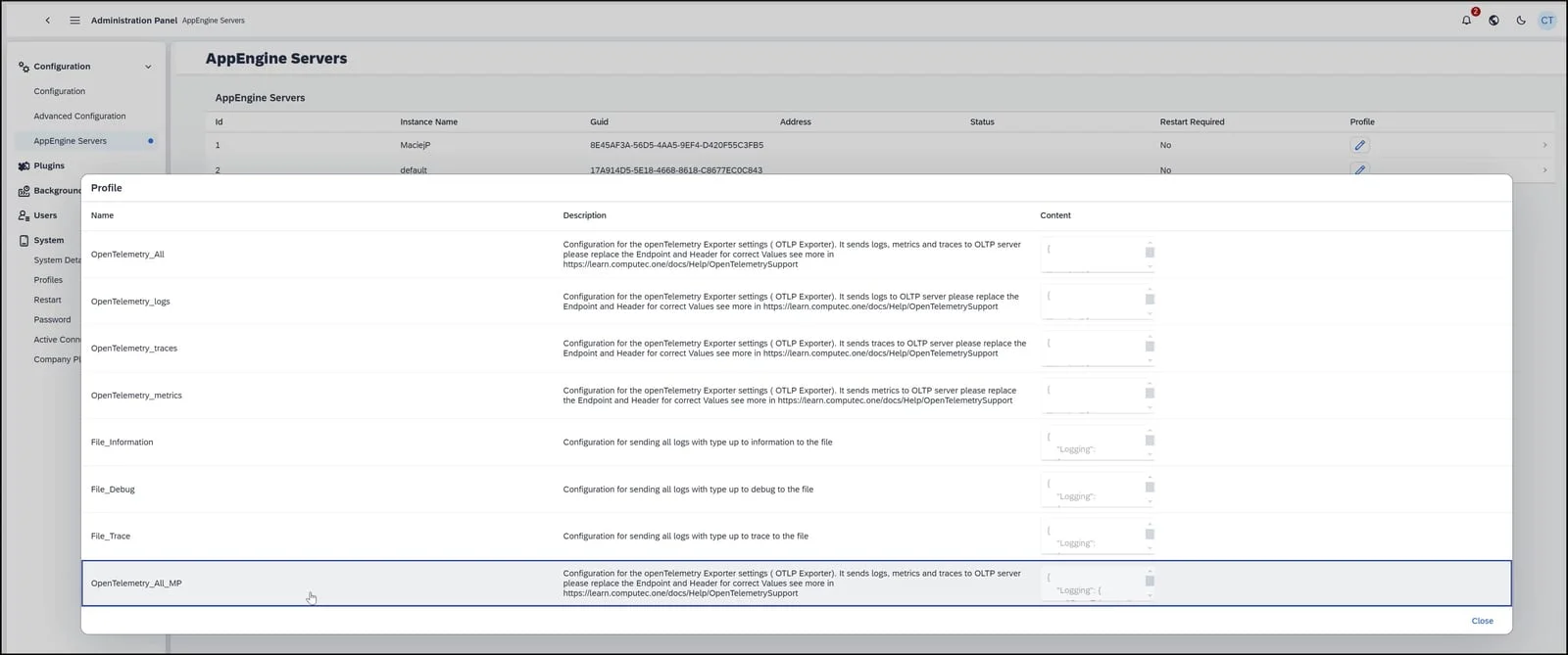 CompuTec AppEngine Administration Panel listing OpenTelemetry and file logging profiles for a server