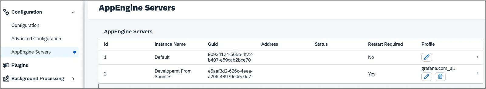 Servers list showing two CompuTec AppEngine instances with their status and profiles