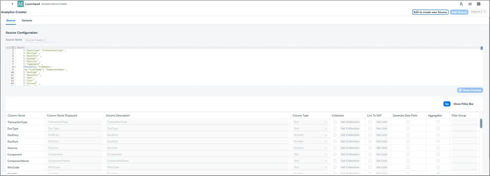Source Configuration with the SQL query editor and the column settings for each field