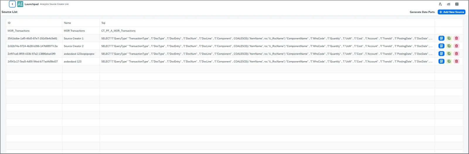 Source List in the Analytics Source Creator with SQL-based sources and the Add New Source button