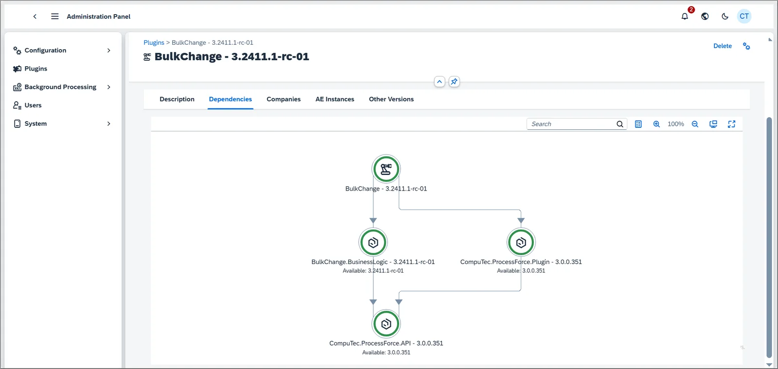 Dependencies tab of an app showing the components it requires and the versions available