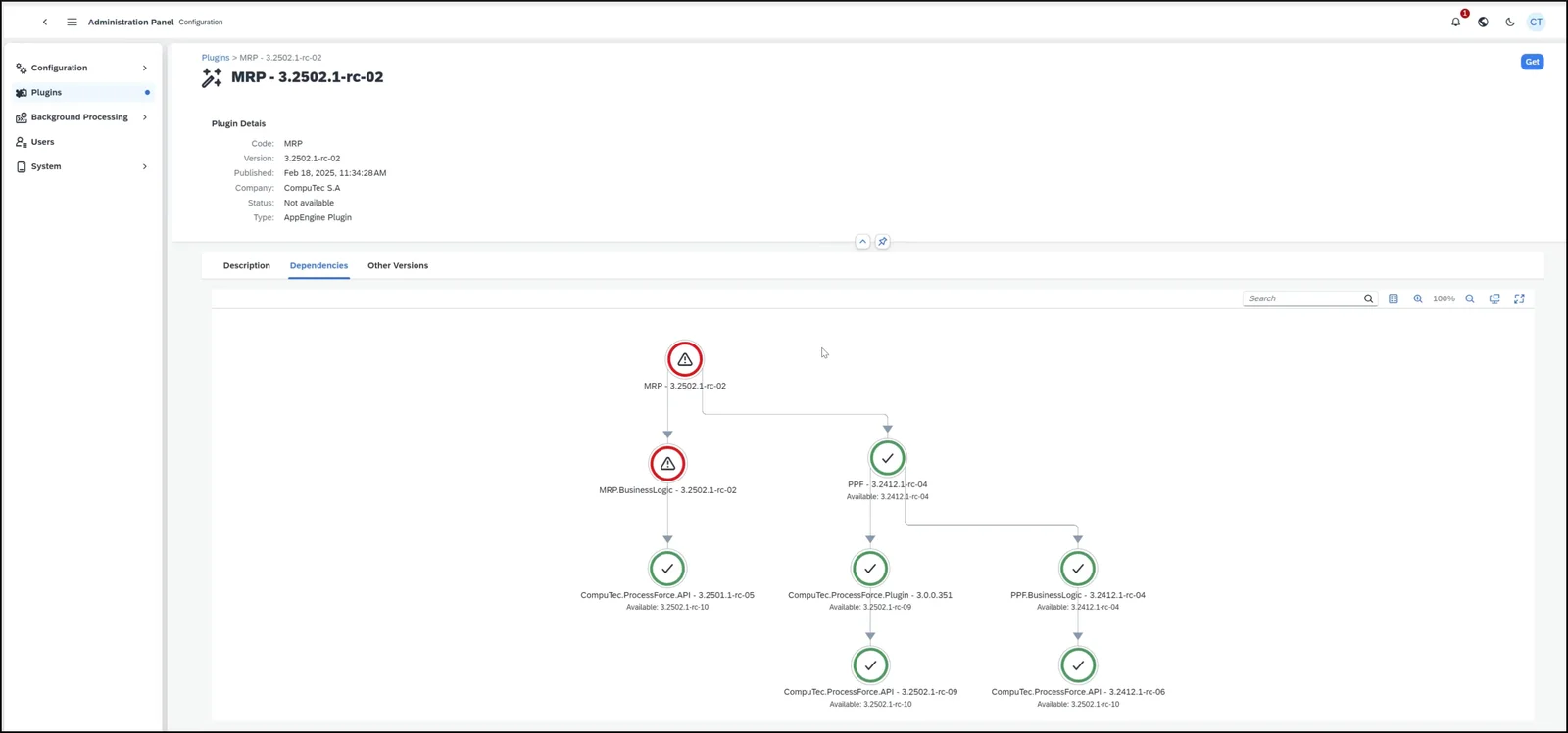 Dependency graph of an app with warning icons on missing components and check marks on available ones