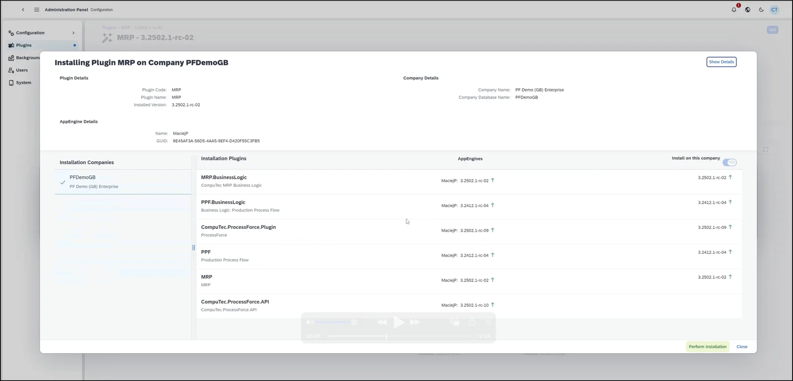 Installation dialog for an app on a company, listing the dependent apps and versions to be installed