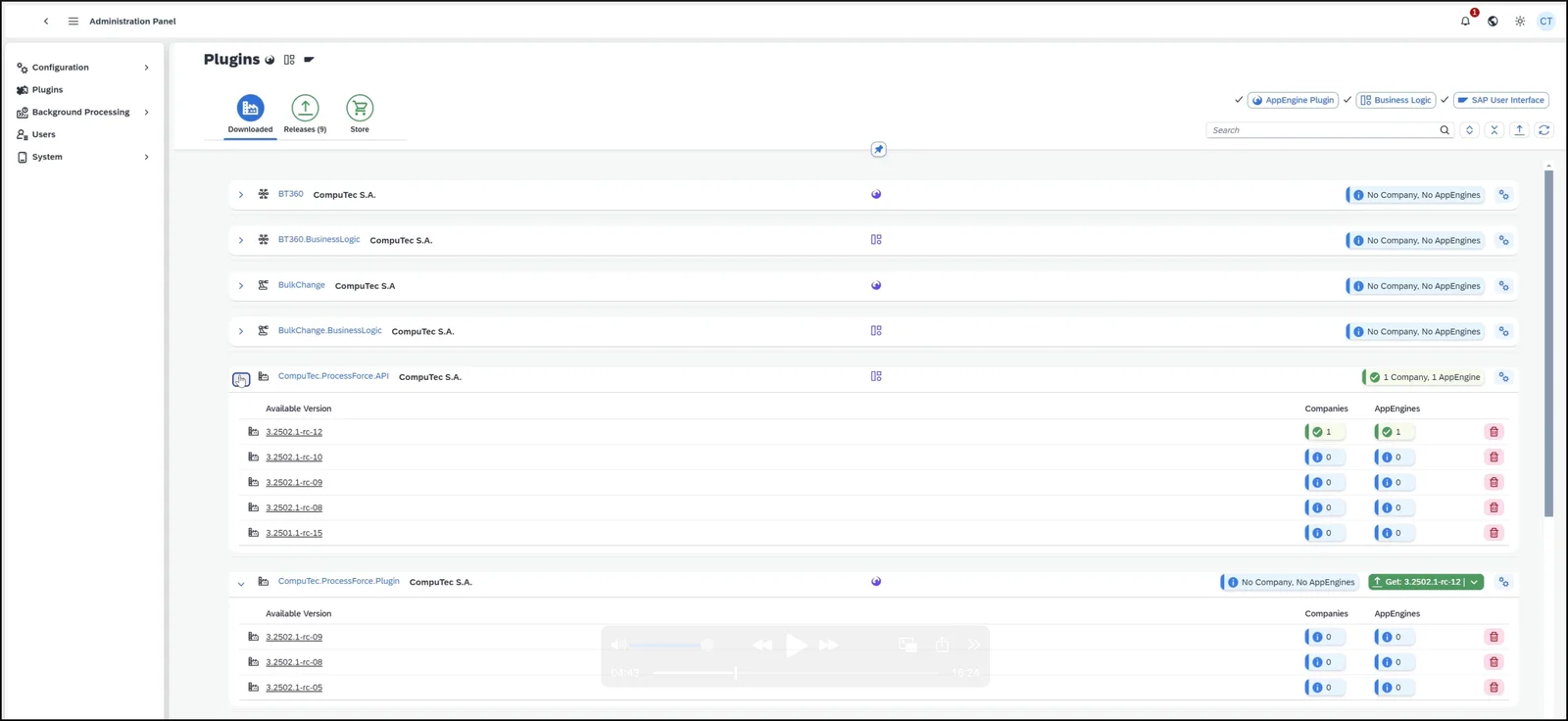 Downloaded tab listing apps with their available versions and the companies and CompuTec AppEngine instances using each