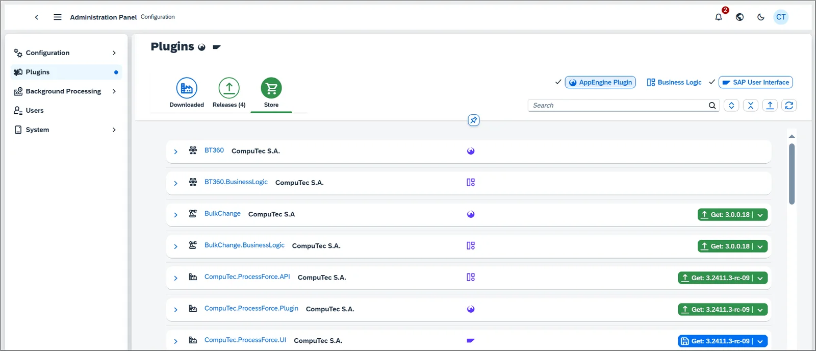 Store tab of the CompuTec AppEngine Administration Panel listing apps with Get buttons for release candidate versions