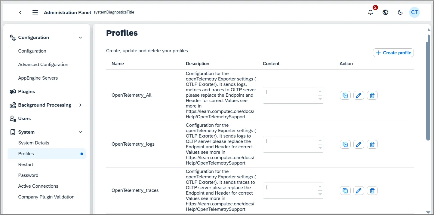 Profiles list with OpenTelemetry exporter profiles for logs, metrics, and traces