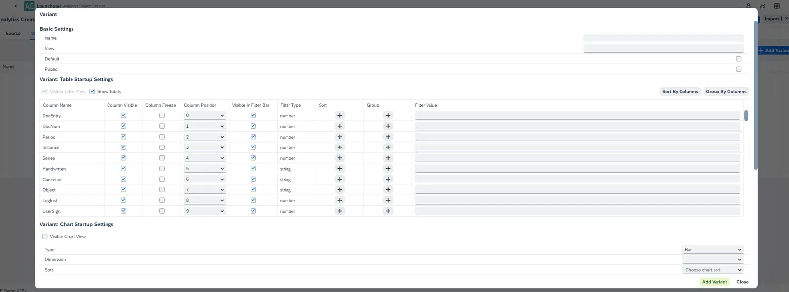 Variant dialog with basic settings, table startup settings per column, and chart startup settings