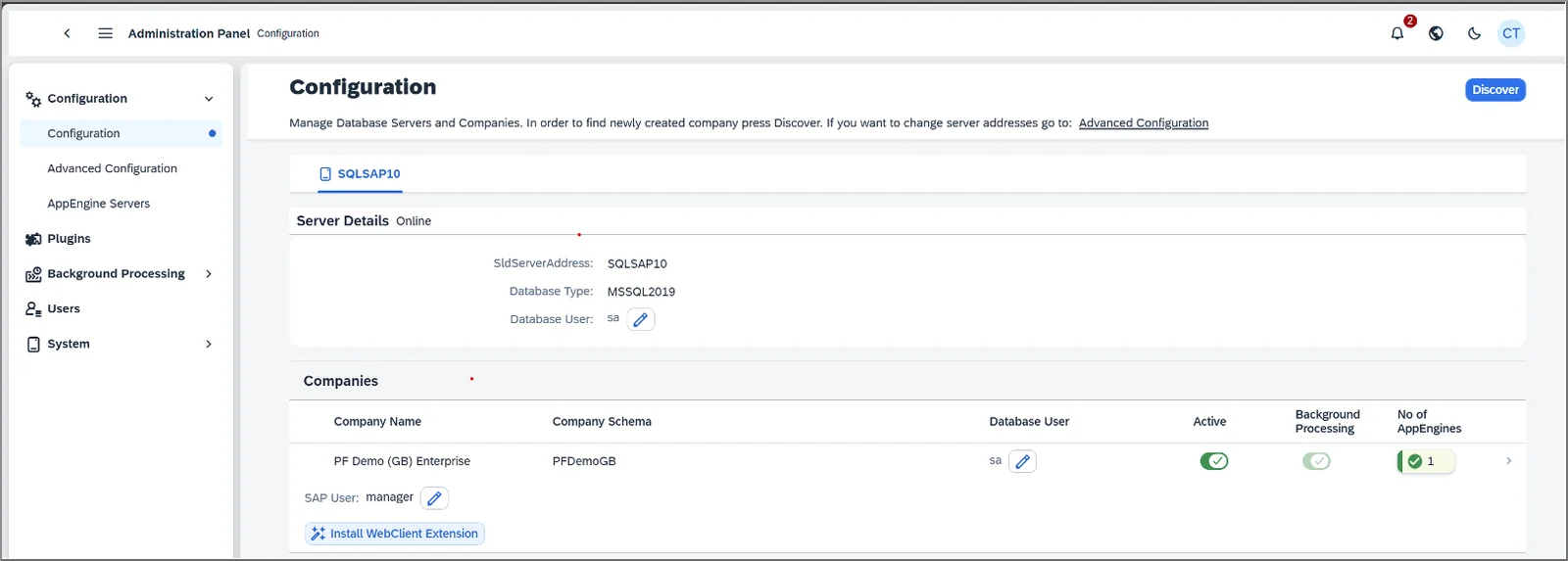 Configuration page with database server details, companies, and the Install WebClient Extension button