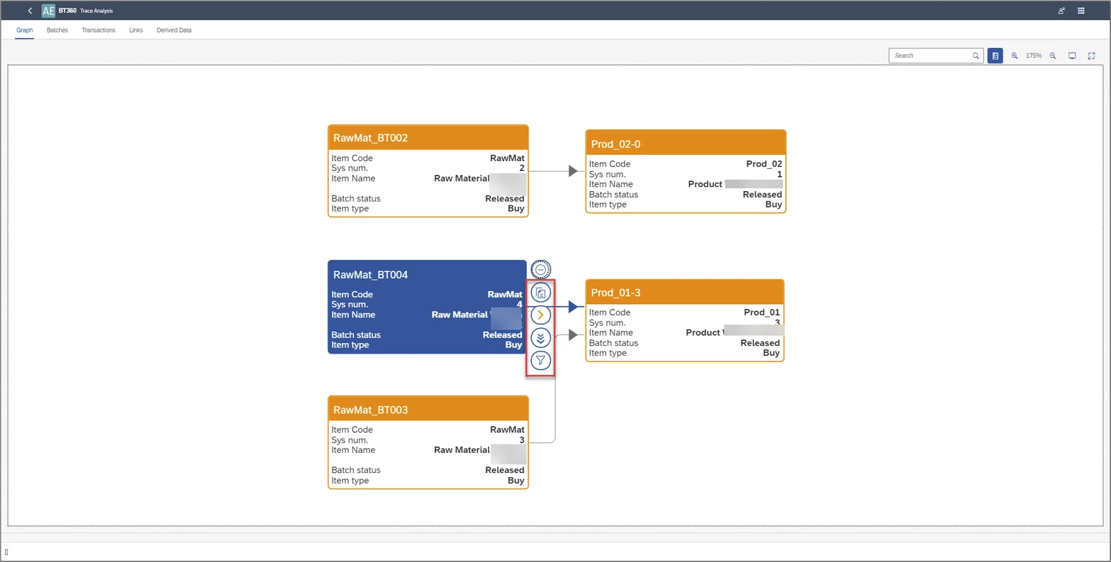 Batch Traceability 360 graph linking raw material batches to product batches, with the node action buttons highlighted