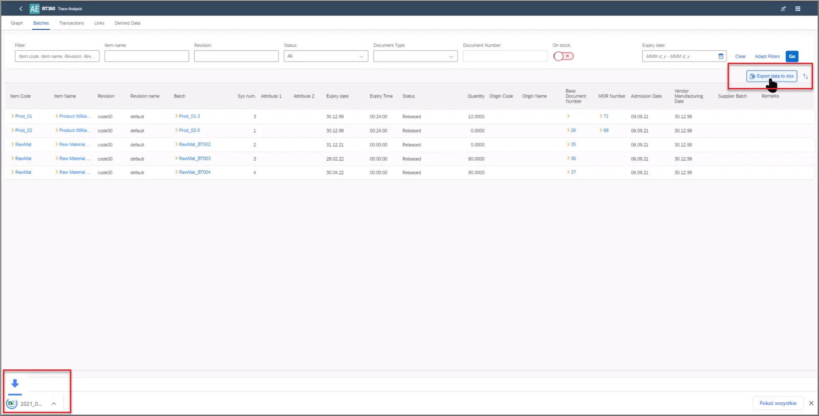 Batch Traceability 360 Batches tab with the Export data to xlsx button and the downloaded file highlighted